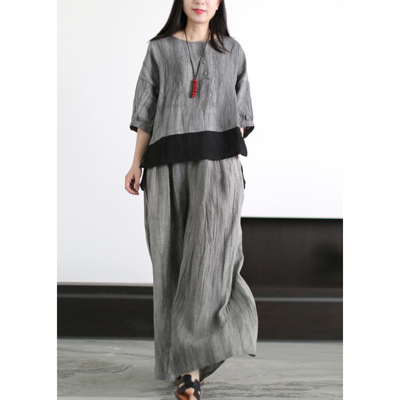 Plus Size Grey O-Neck Patchwork Linen Two Piece Set Outfits Half Sleeve
