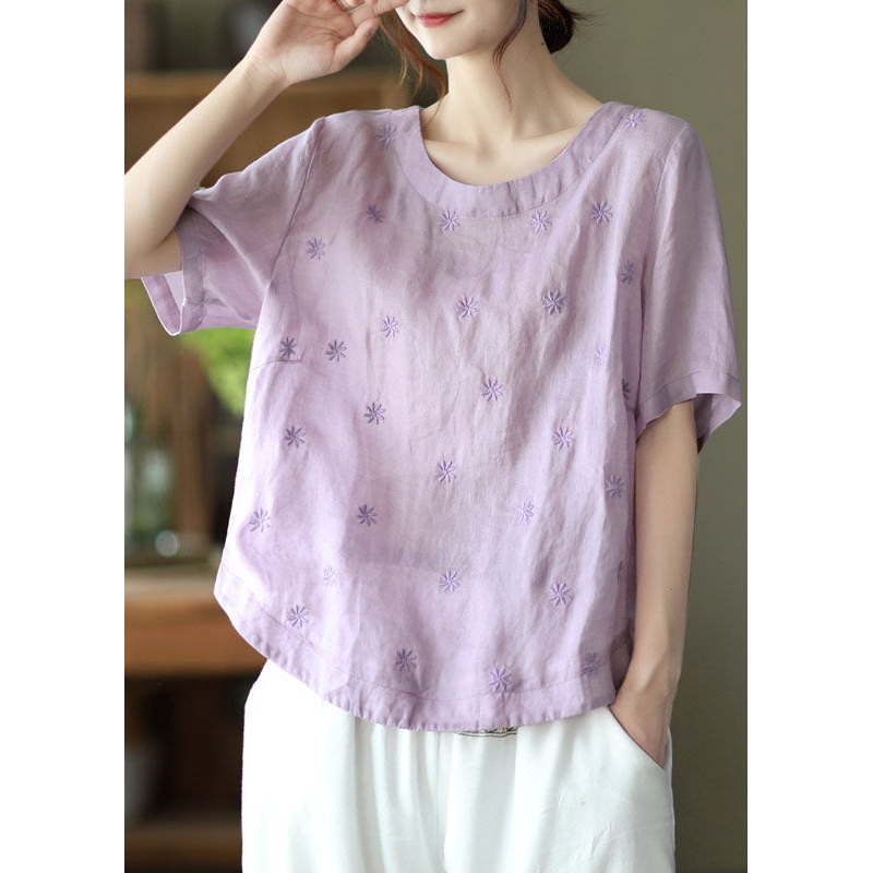 Plus Size Light Purple Embroideried Linen Shirts Short Sleeve