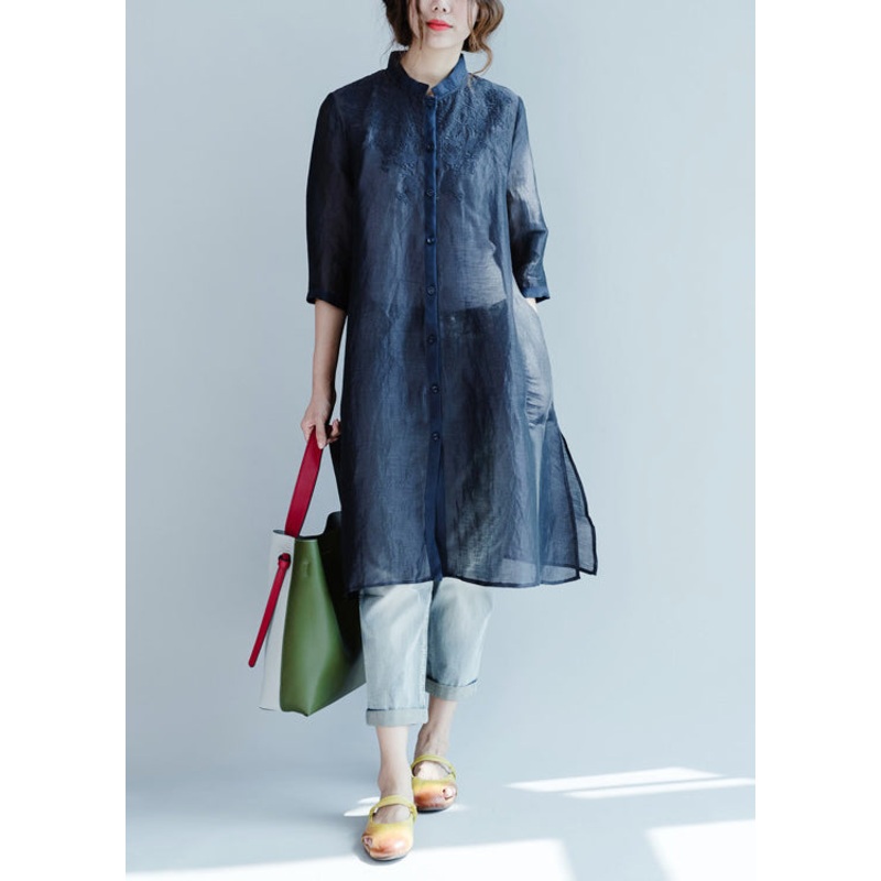 Plus Size Navy Embroideried Button Blouses Three Quarter sleeve