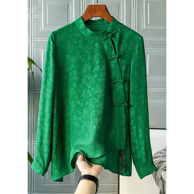 Retro Green Mandarin Collar Button asymmetrical design Jacquard Silk Shirts Spring