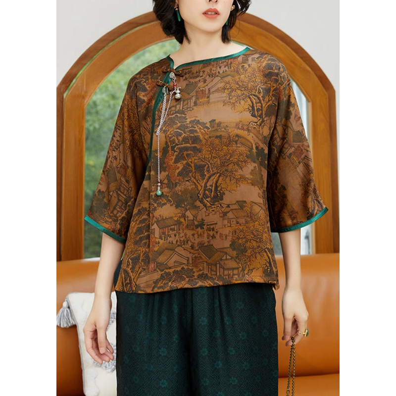Retro Yellow O-Neck Print Patchwork Silk Tops Half Sleeve