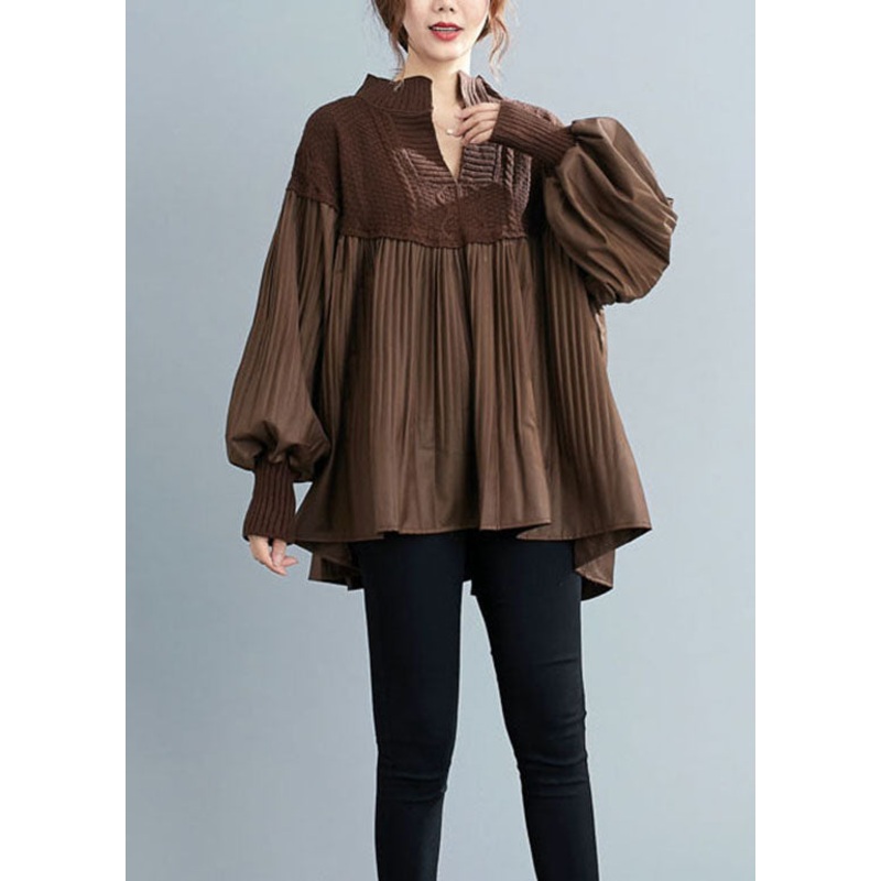 Simple Coffee V Neck Knit Patchwork Top Spring