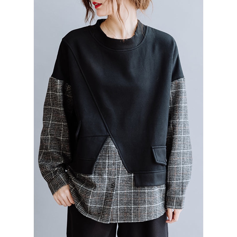 Stylish Black Patchwork Plaid Warm Fleece Sweatshirts Top Spring
