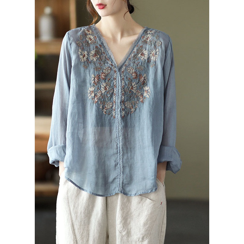 Stylish Lake Blue Embroideried Linen Blouse Tops Long Sleeve