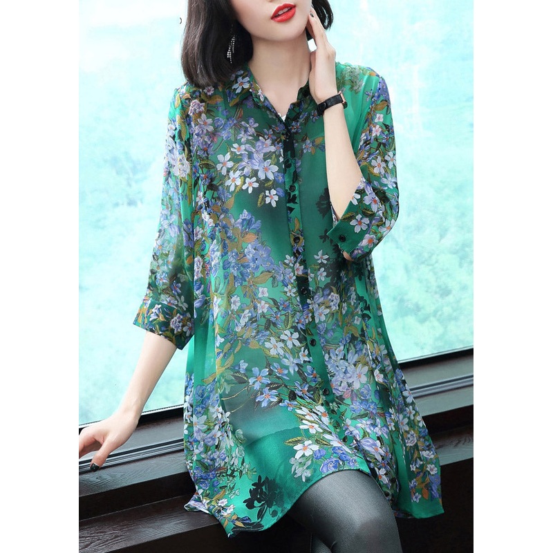 Stylish Peter Pan Collar Button Print Chiffon Shirt Tops Summer