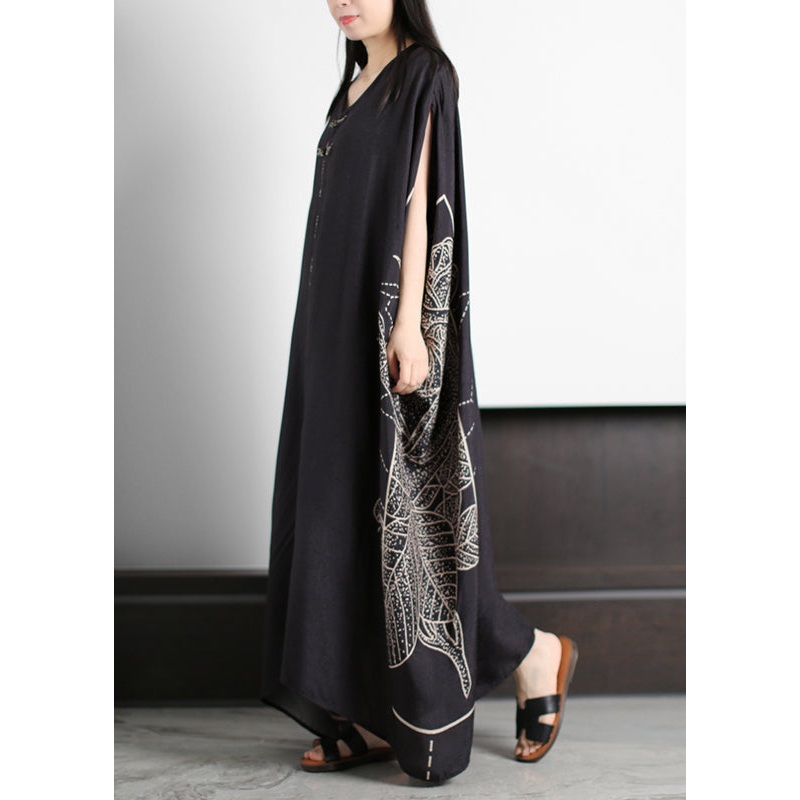 Unique Black O-Neck Asymmetrical Patchwork Print Silk Vacation Dresses Half Sleeve