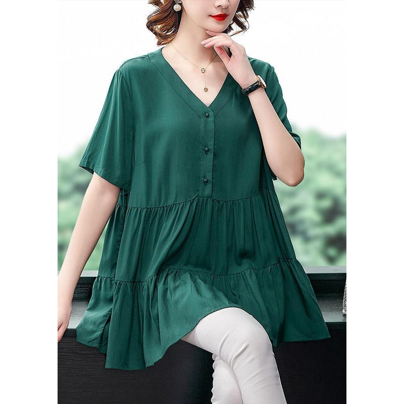 Unique Green V Neck wrinkled Ruffles Button Shirt Top Short Sleeve