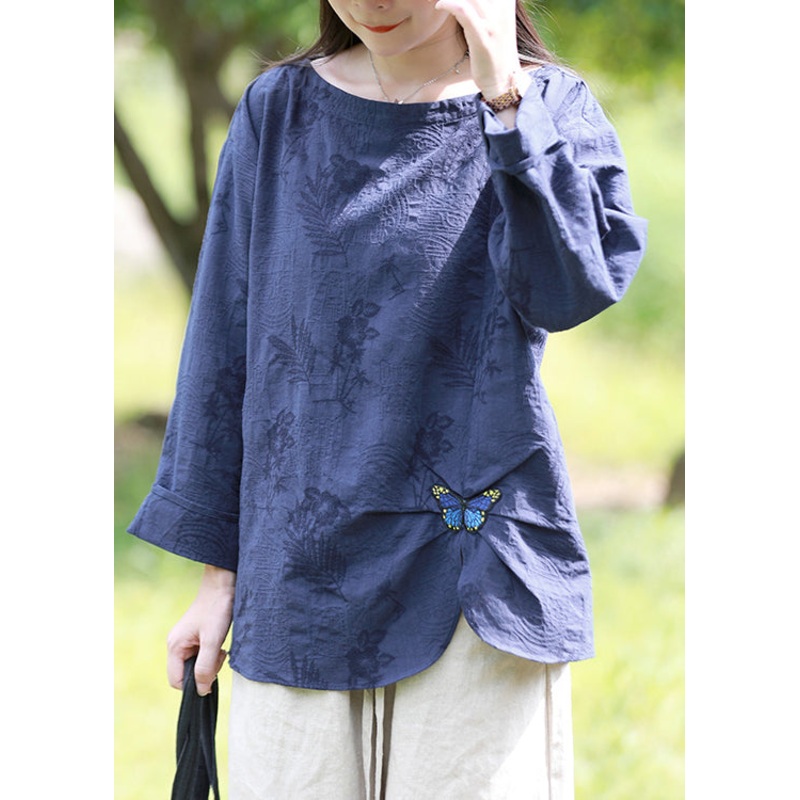 Vintage Blue O-Neck Jacquard Butterfly Embroideried Cotton Blouses Top Spring
