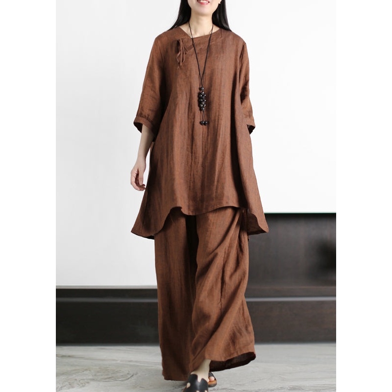 Vintage Chocolate Asymmetrical Linen Tops And Wide Leg Pants Half Sleeve