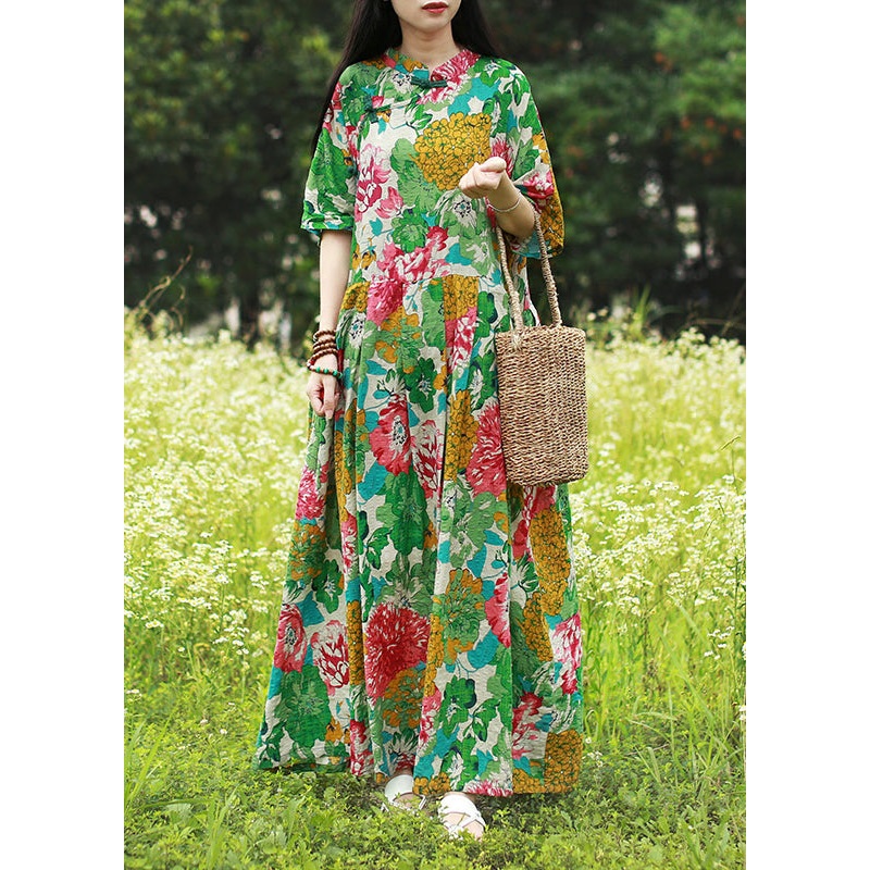 Vintage Green Mandarin Collar Cinched Print Maxi Dress Half Sleeve