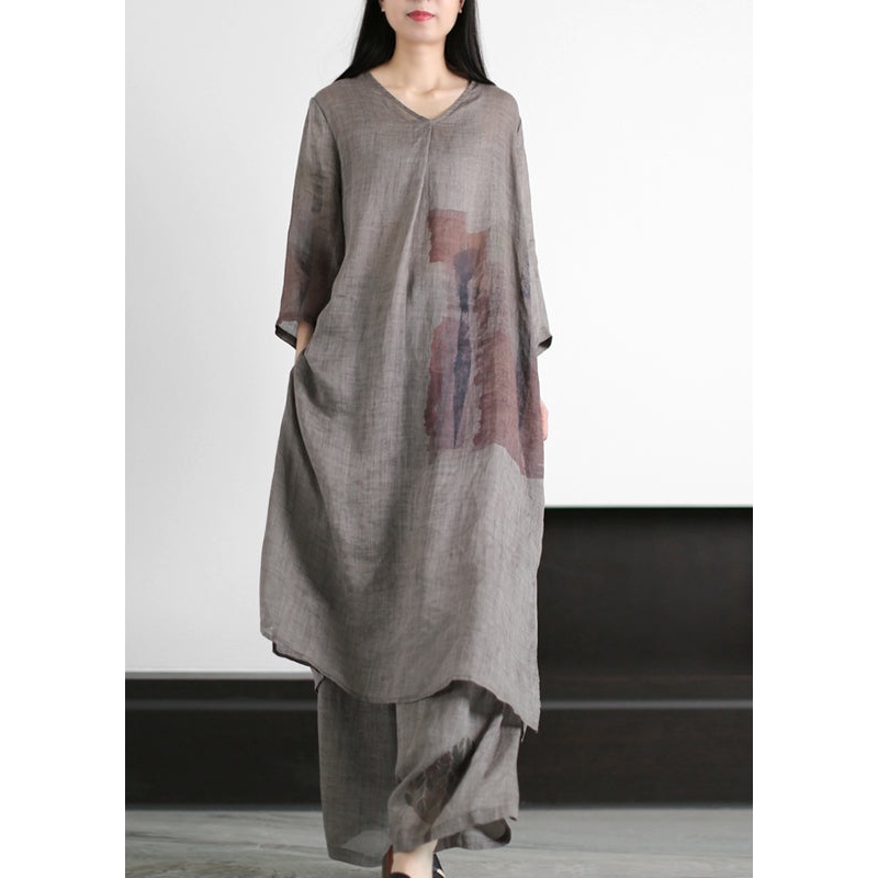 Vintage Grey V Neck Print Side Open Linen Dress And Wide Leg Pant Two Pieces Set Summer