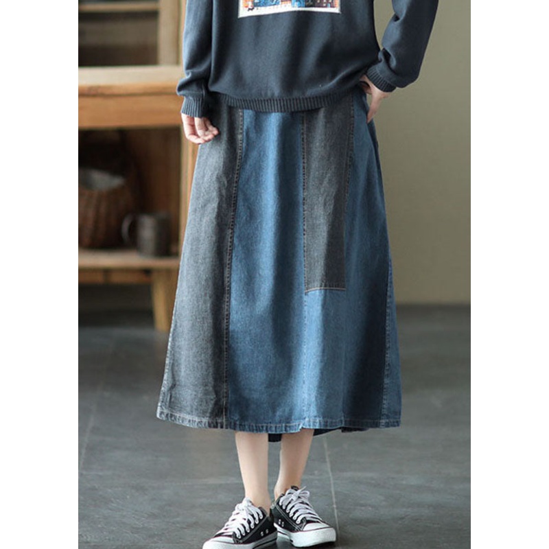 Vintage Light Blue pocket Patchwork A Line Skirt Spring