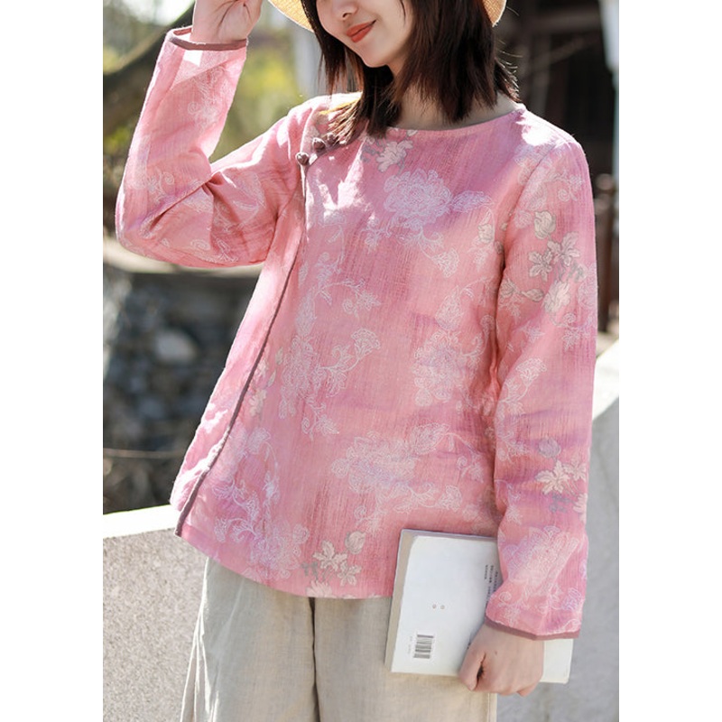 Vintage pink O-Neck Button Print Linen Tops Long sleeve