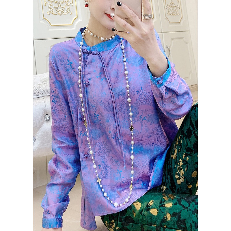 Vintage Purple Mandarin Collar Print Button Silk Shirt Top Spring