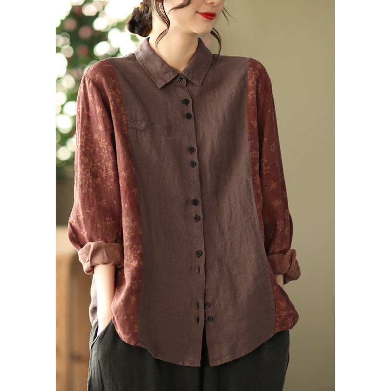 Vintage Red Peter Pan Collar Button Print Patchwork Linen Shirt Tops Long Sleeve