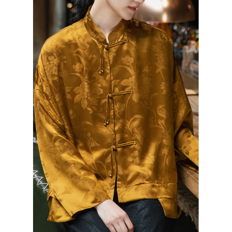 Vintage Yellow Mandarin Collar Button asymmetrical design Jacquard Silk Top Long sleeve