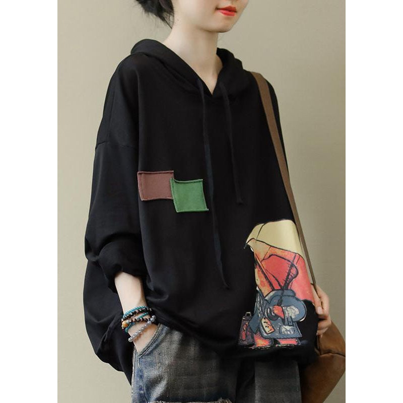 Women Black Hooded Cotton Sweatshirt Street wear Spring