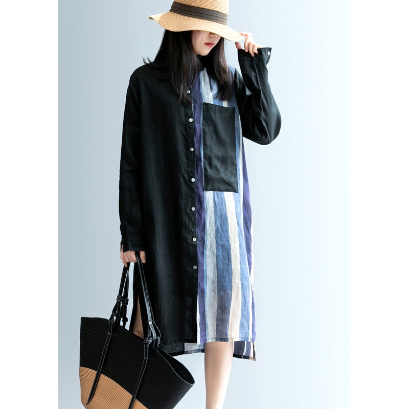 Women Black low high design Striped Linen long Shirt Spring