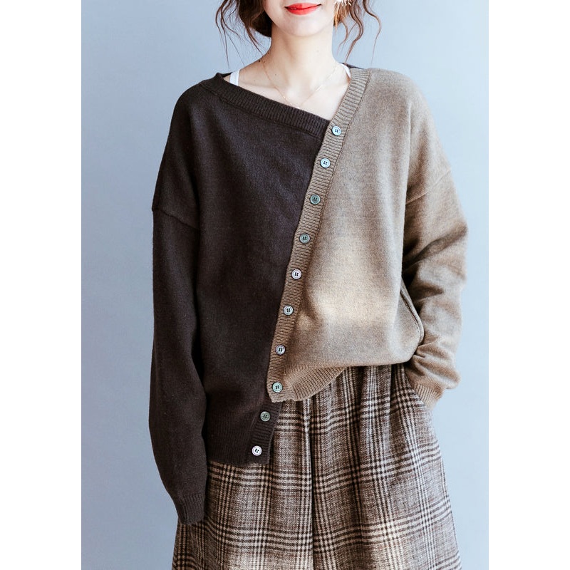 Women Coffee V Neck Patchwork Knit Sweater Winter