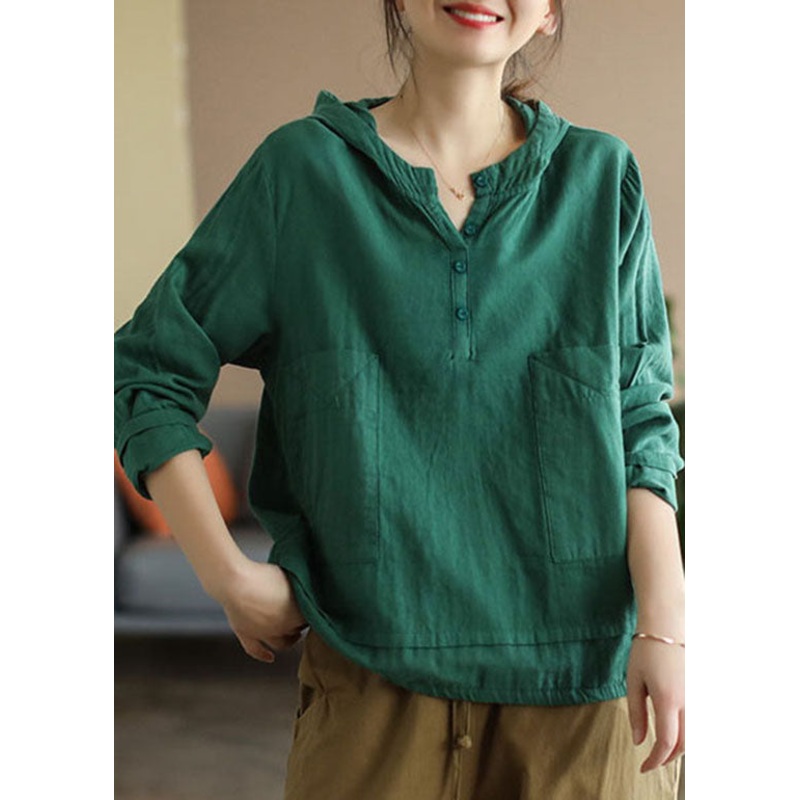 Women Green Button Patchwork Cotton Top Long Sleeve