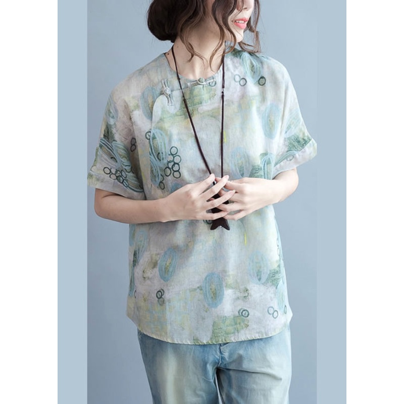 Women Green Print Linen Blouse Tops Short Sleeve