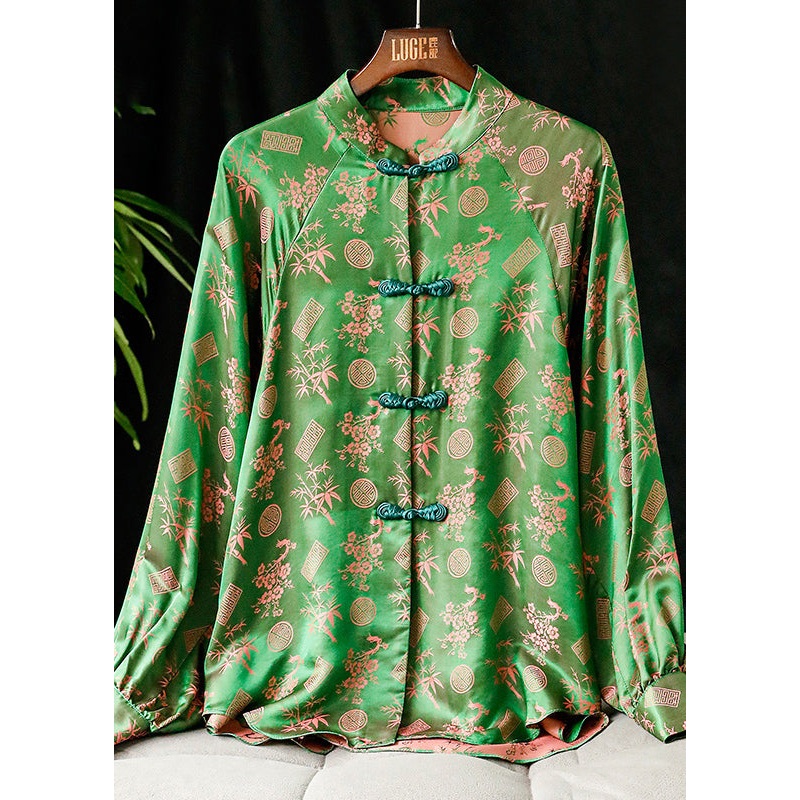 Women Green Stand Collar Button Print Silk Shirt Tops Long sleeve