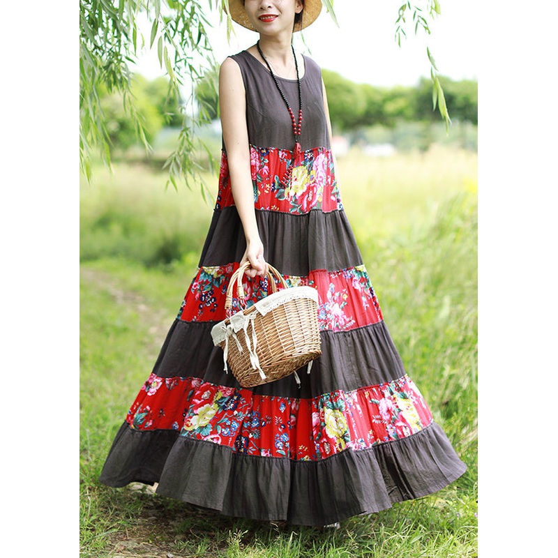 Women Grey O-Neck print Patchwork vacation Dress Sleeveless