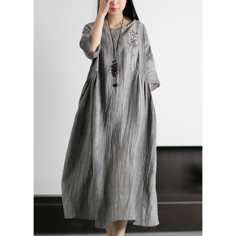Women Grey O-Neck Wrinkled Embroideried Linen Dress Half Sleeve