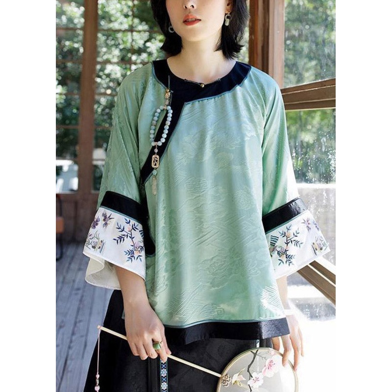 Women Light Green O-Neck Patchwork Print Silk Shirt Tops Spring
