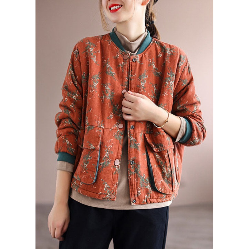 Women Orange Pockets Print Fine Cotton Filled Coats Spring