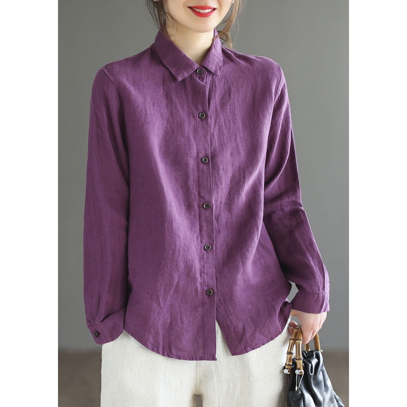 Women Purple button Peter Pan Collar Linen Shirt top Long Sleeve