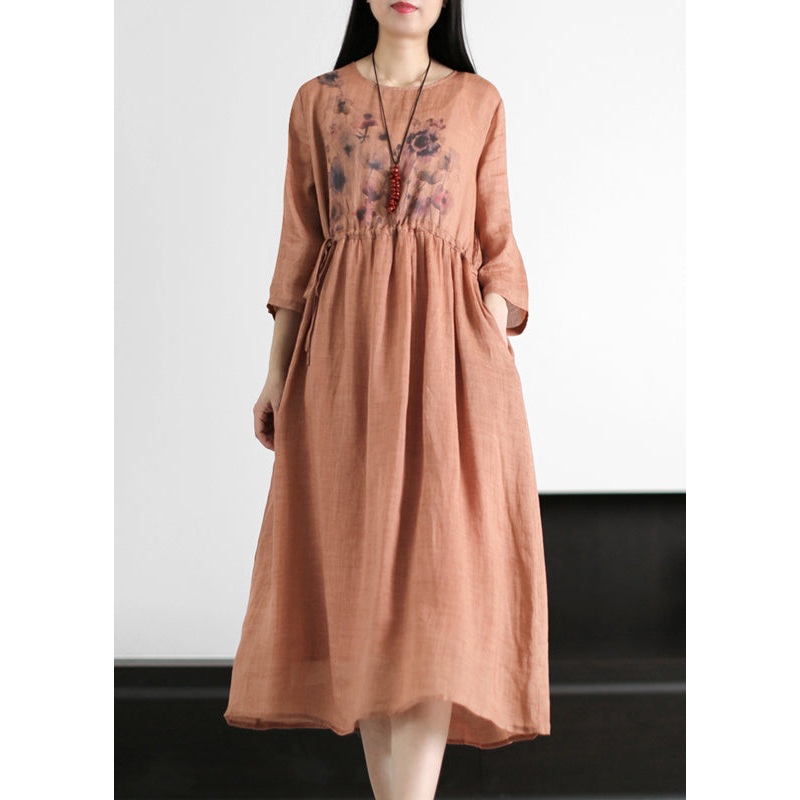Women Red O-Neck drawstring Print Linen Dresses Long sleeve