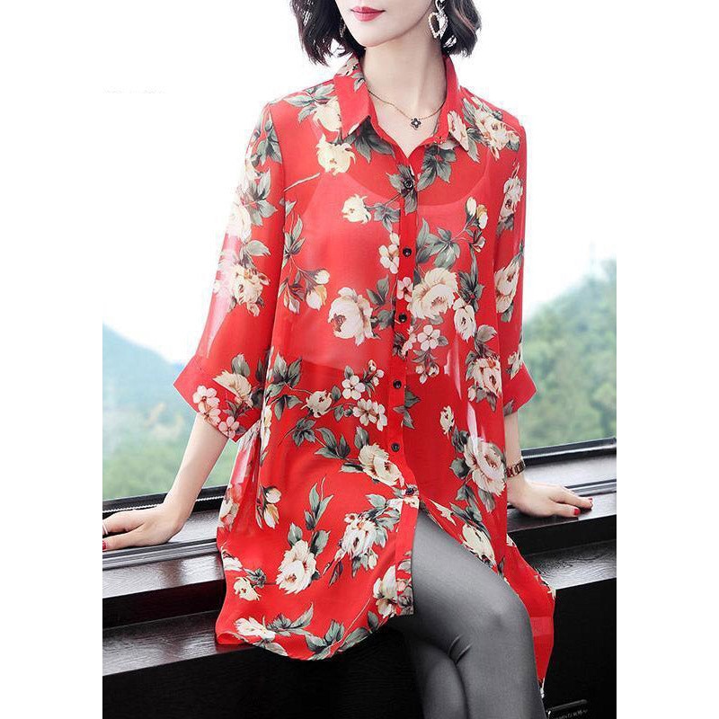 Women Red Peter Pan Collar Button Print Chiffon Shirt Half Sleeve