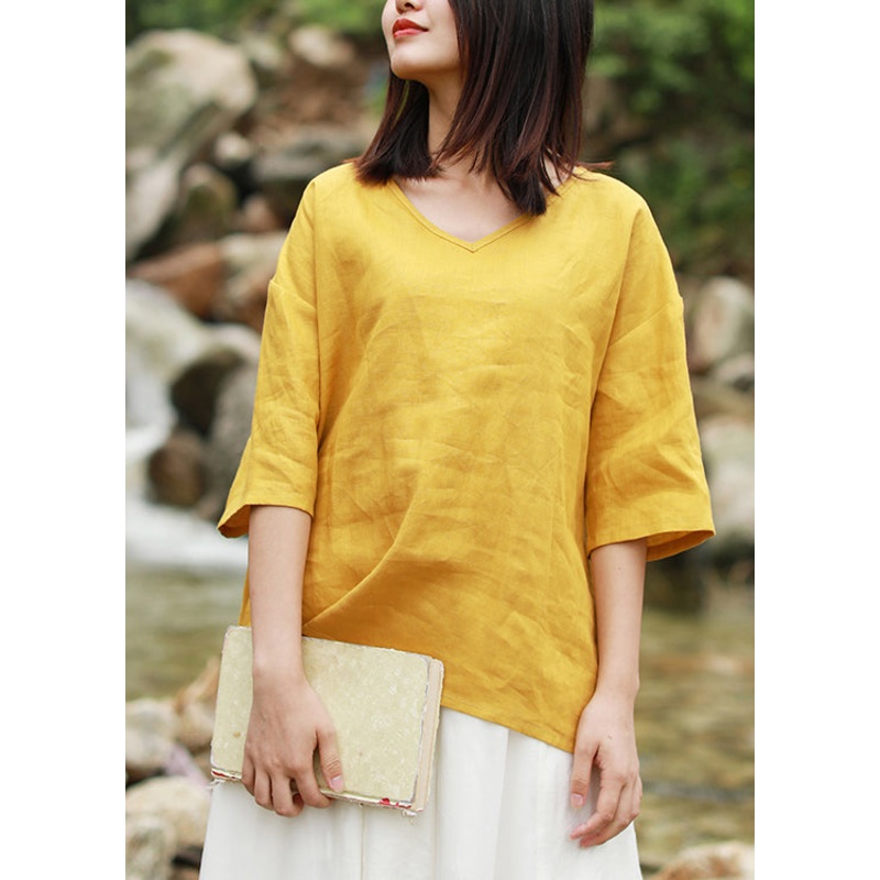 Women Yellow V Neck low high design Linen Tops Short Sleeve