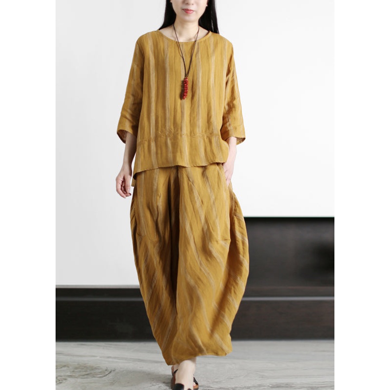 Yellow Pockets Linen Tops And Harm Pants Two Piece Outfit Three Quarter sleeve
