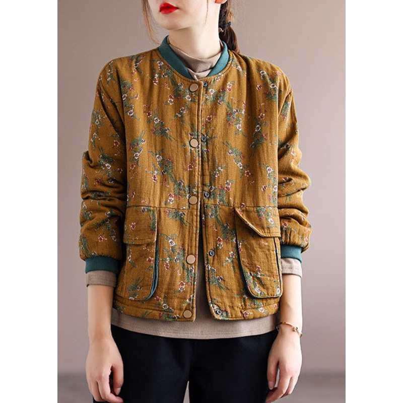 Yellow Print Fine Cotton Filled Coat Stand Collar Long Sleeve