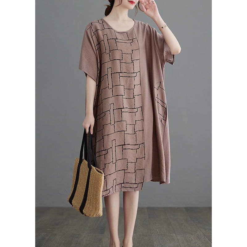 Apricot Loose Cotton Dress O-Neck Short Sleeve