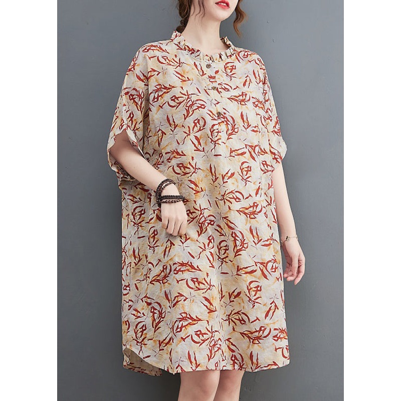 Apricot Patchwork Holiday Dress Button Ruffled Short Sleeve