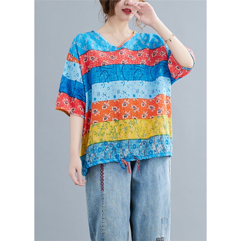 Art Colorblock V Neck drawstring Print Shirt Top Half Sleeve