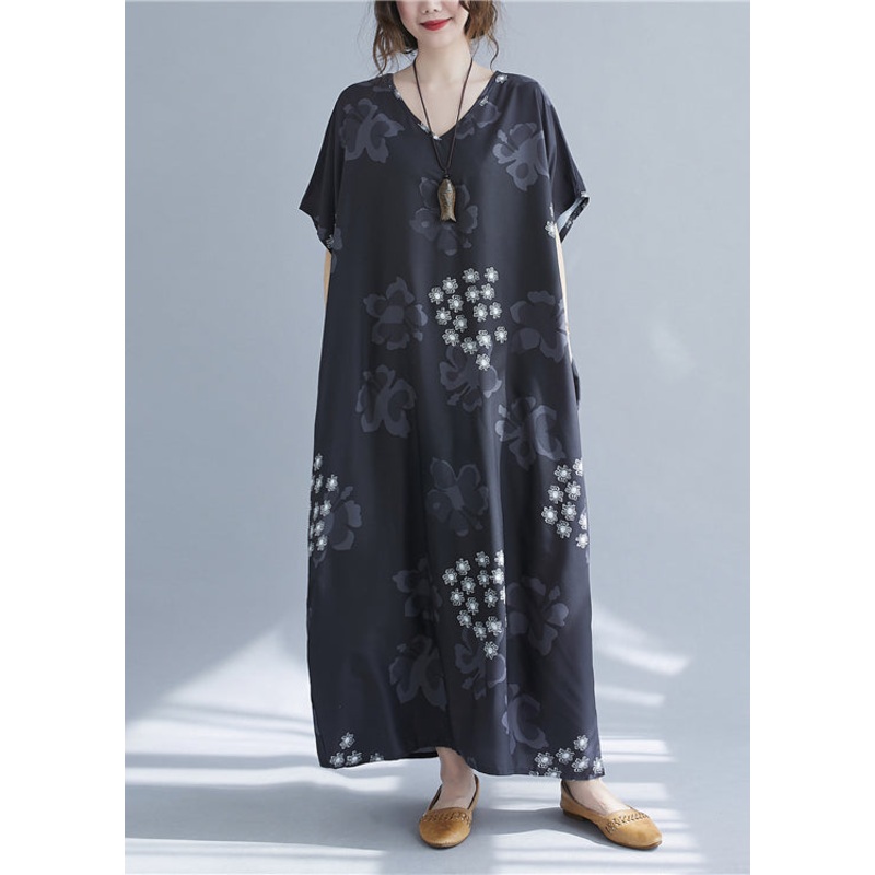 Baggy Black V Neck Snowflake Print Chiffon Long Dresses Short Sleeve