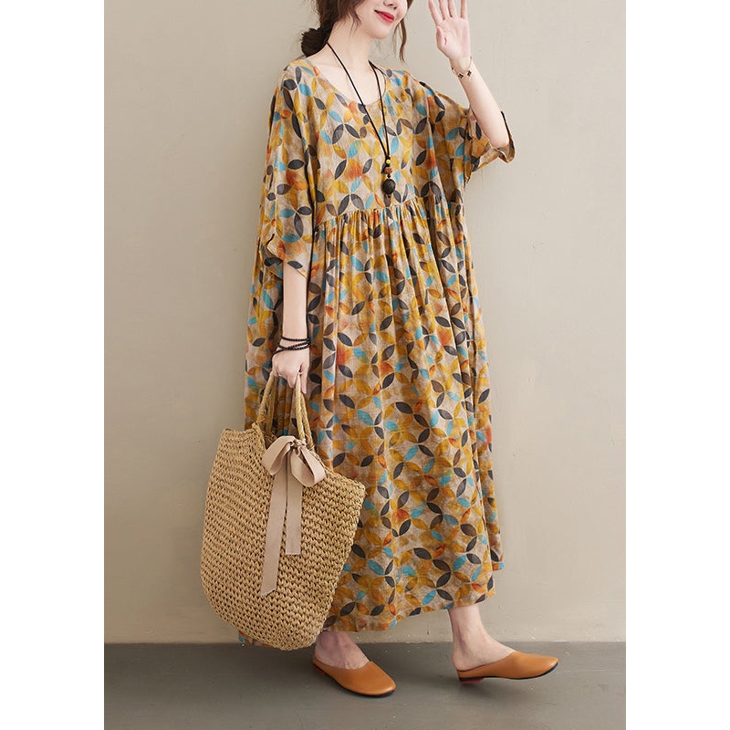 Baggy Yellow O-Neck wrinkled Leaf Print Linen Ankle Dress Half Sleeve