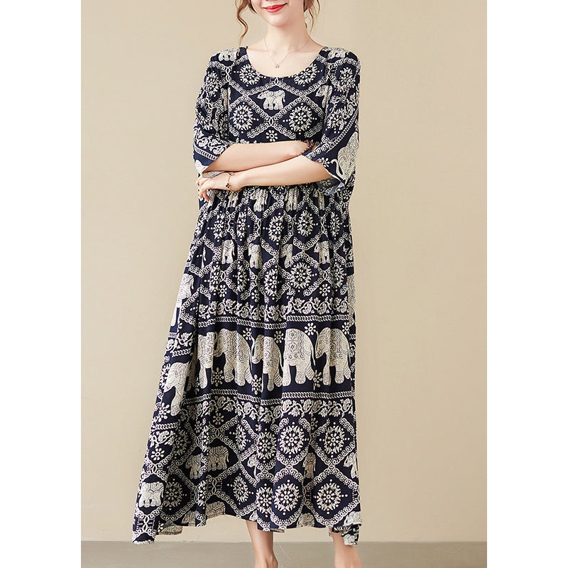 Beautiful Black O-Neck Elephant Print Chiffon Party Dress Half Sleeve