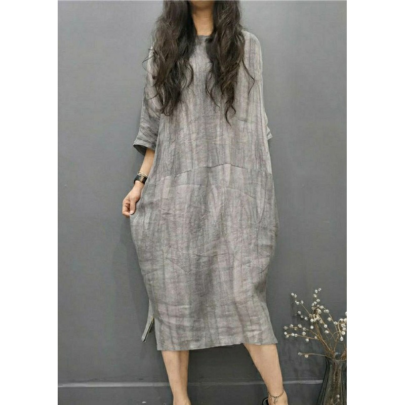 Beautiful Grey O-Neck Wrinkled Side Open Linen Long Dress Batwing Sleeve