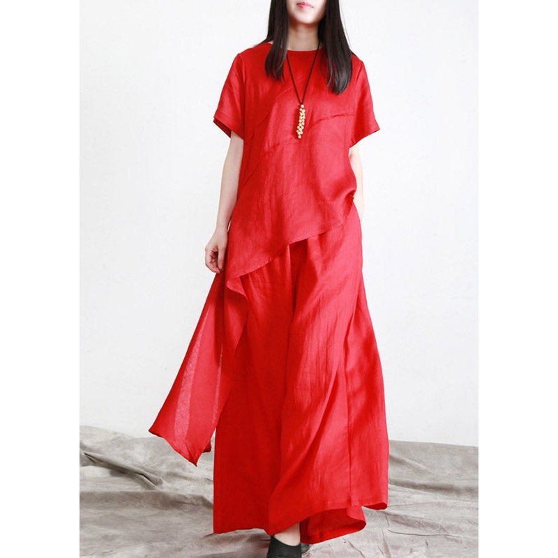 Beautiful Red O-Neck Asymmetrical Linen Top And Pants Two Pieces Sets Summer