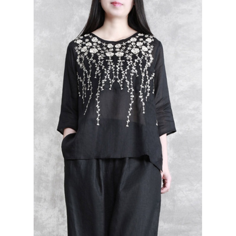 Black Embroideried Floral Linen Top Three Quarter Sleeve