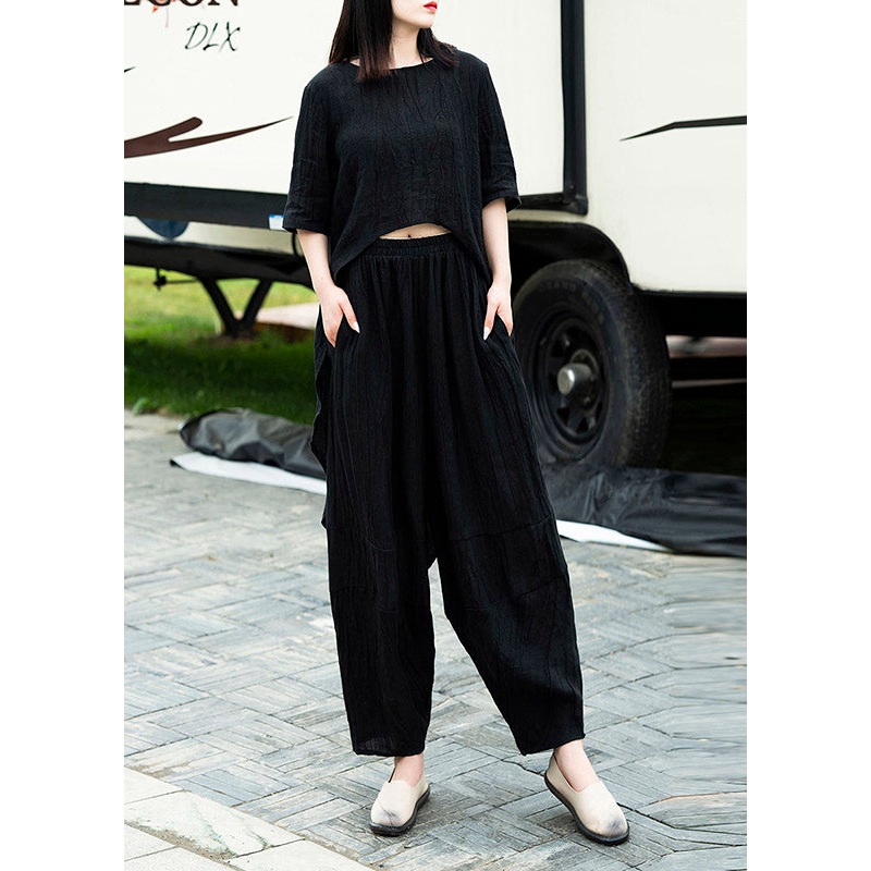 Black Low High Design Linen Tops And Crop Pants Two Pieces Set Summer