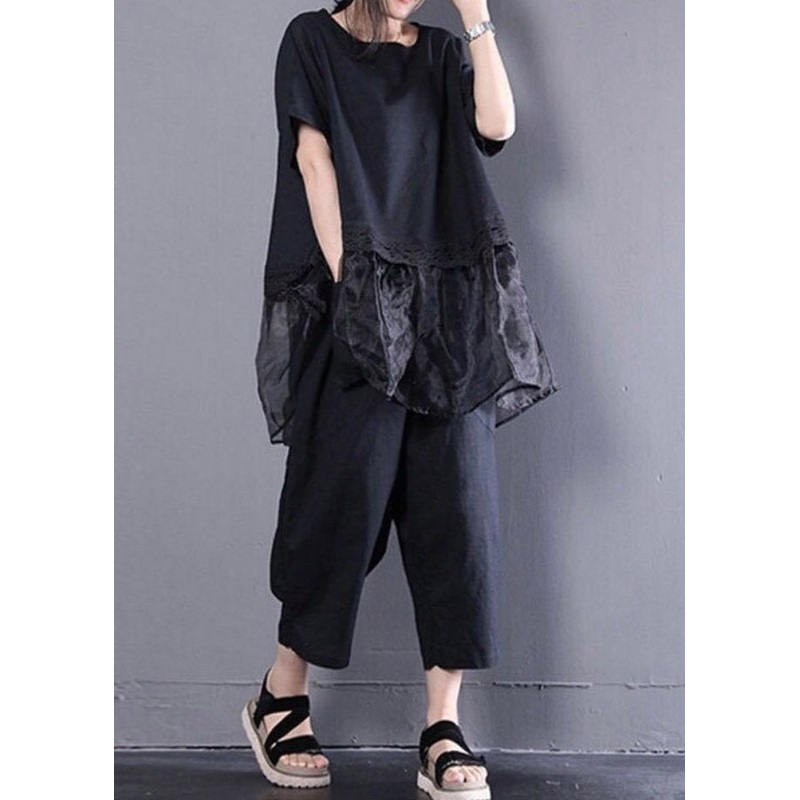 Black Oversized Organza Patchwork Top And Harm Pants Two Pieces Set Summer