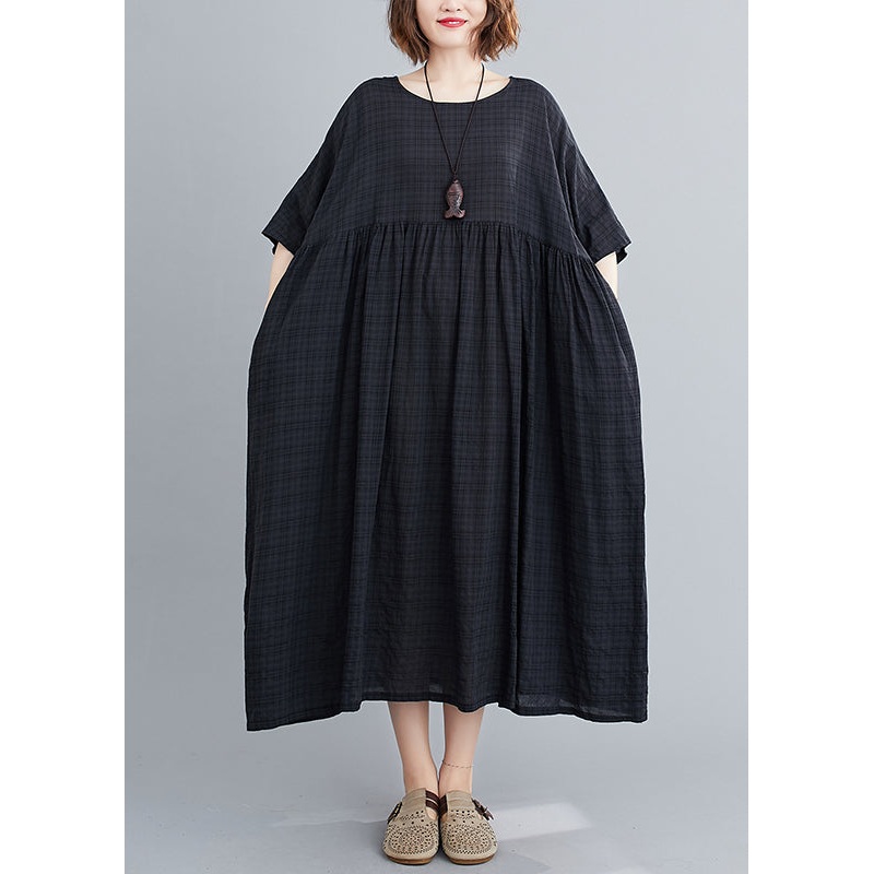 Black Plaid Loose Linen Dress wrinkled Short Sleeve