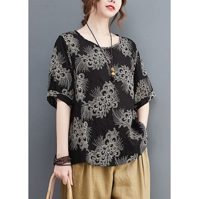 Black Print Loose Cotton Shirt Tops Short Sleeve