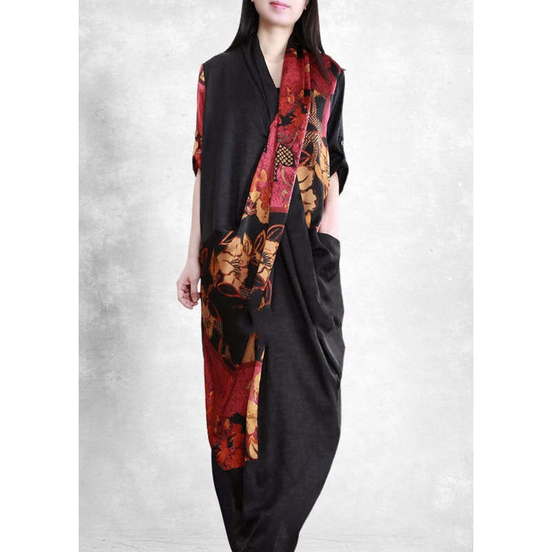 Black Red V Neck Asymmetrical Print wrinkled Pockets Silk Dress Half Sleeve